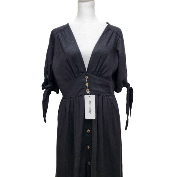 LocachyBuffalo Black womens Mariposa V Neck Button Front Dress Linen Size S - Picture 15 of 16